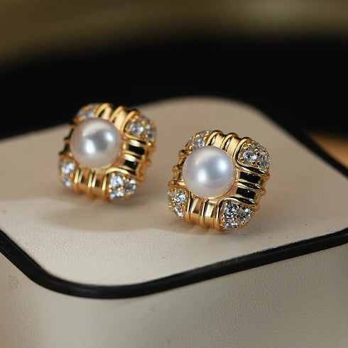 Akoya Pearl Square Stud Earrings – Modern Chic & Vintage-Inspired